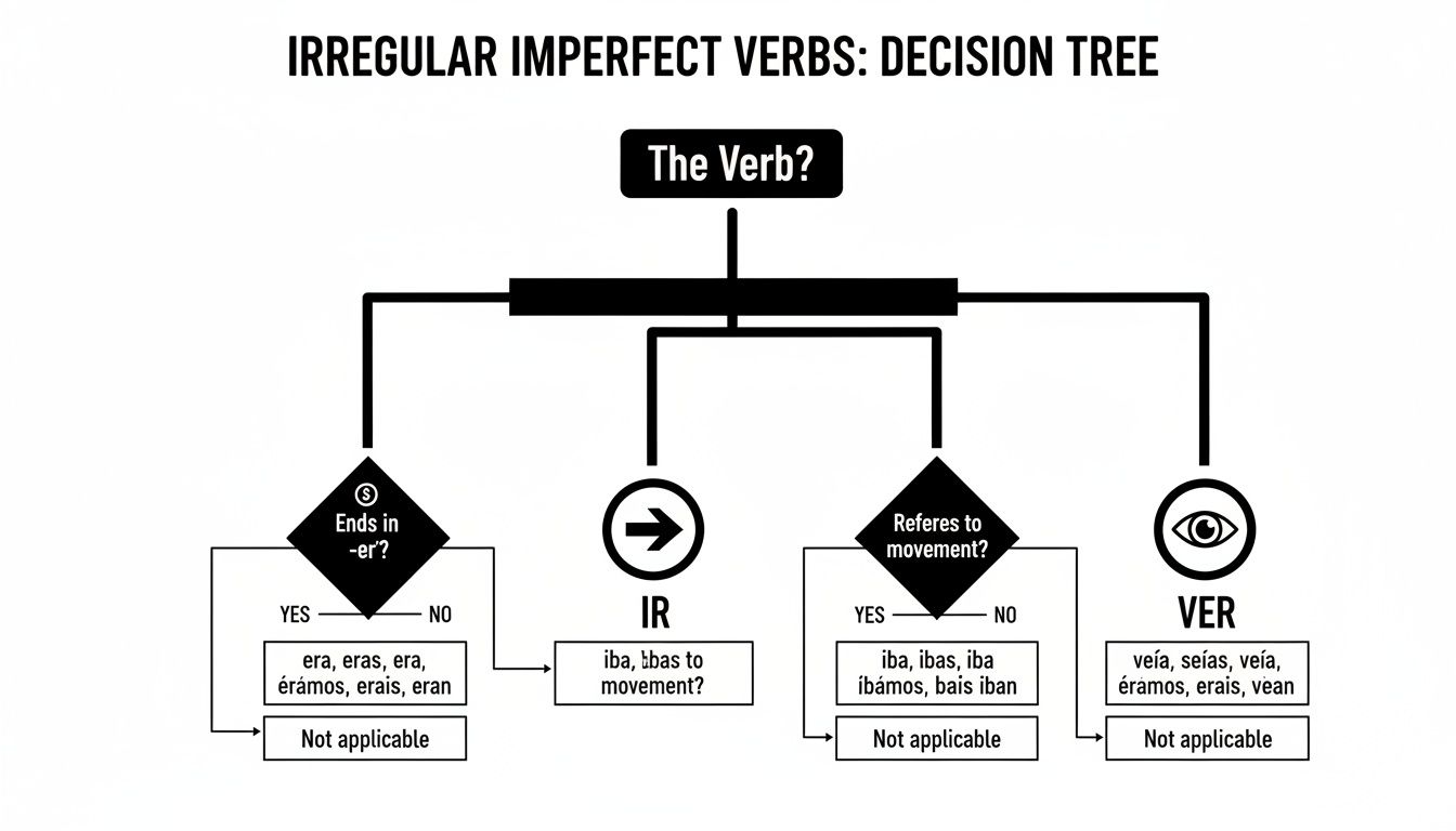 A decision tree flowchart for conjugating irregular imperfect verbs in Spanish: Ser, Ir, and Ver.