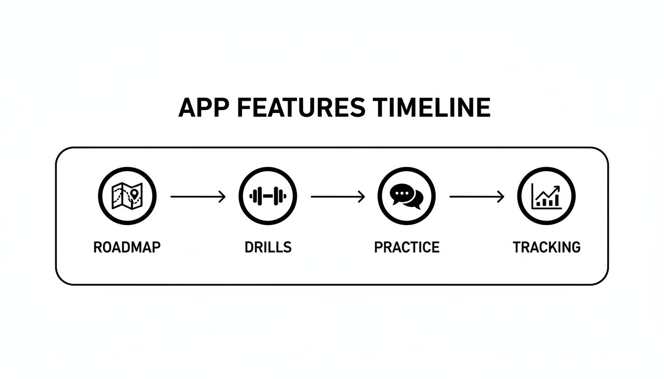 A linear timeline diagram illustrating key app features: Roadmap, Drills, Practice, and Tracking, with icons.