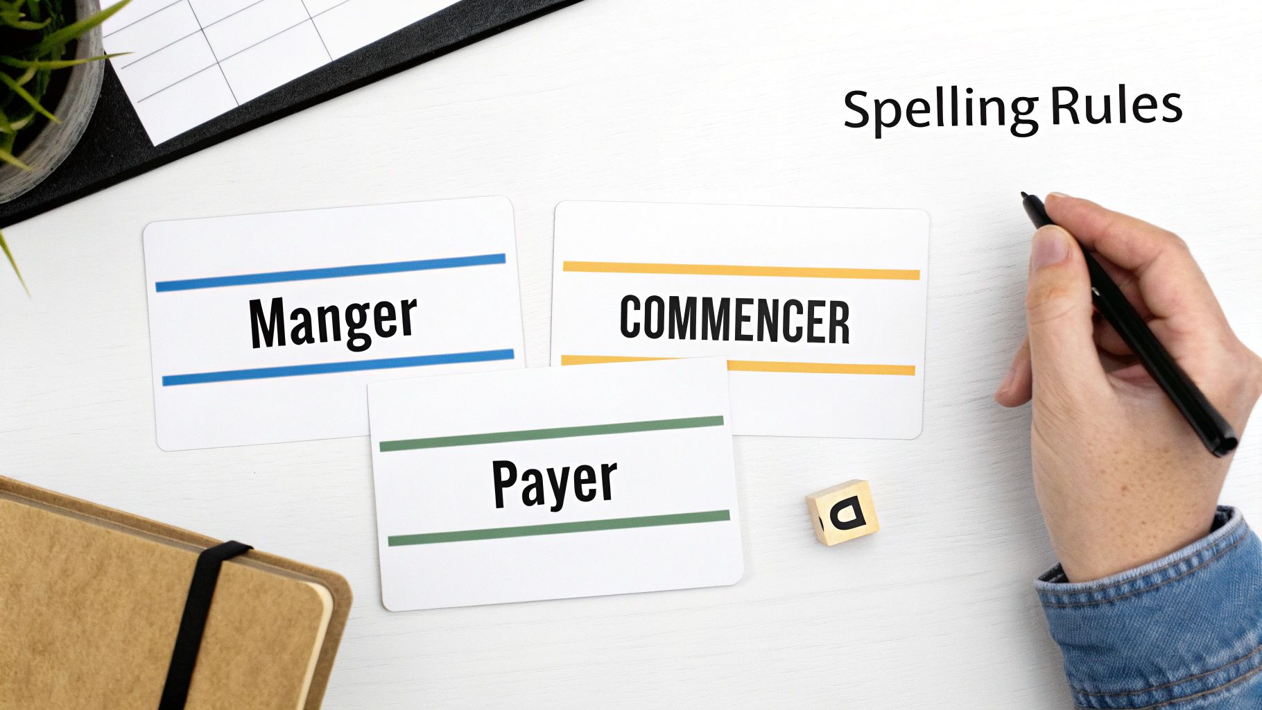 Flashcards with French verbs 'Manger', 'Commencer', 'Payer' and 'Spelling Rules' text on a white desk.