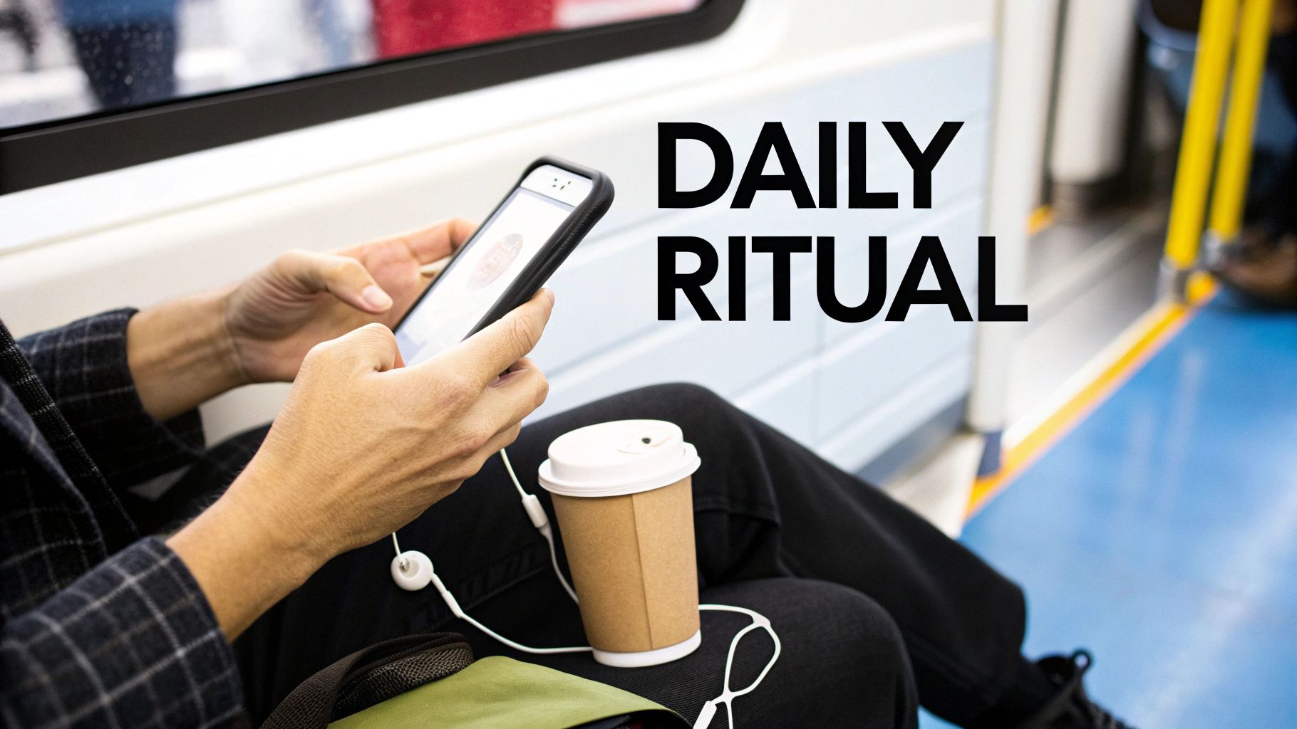 Person commuting on a train, looking at their smartphone with a cup of coffee and earphones.