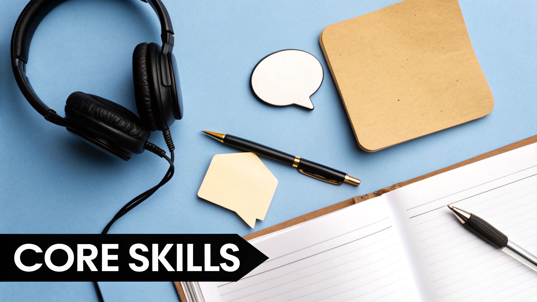 Overhead view of headphones, a pen, notebooks, and sticky notes on a blue background, with 'CORE SKILLS' text.