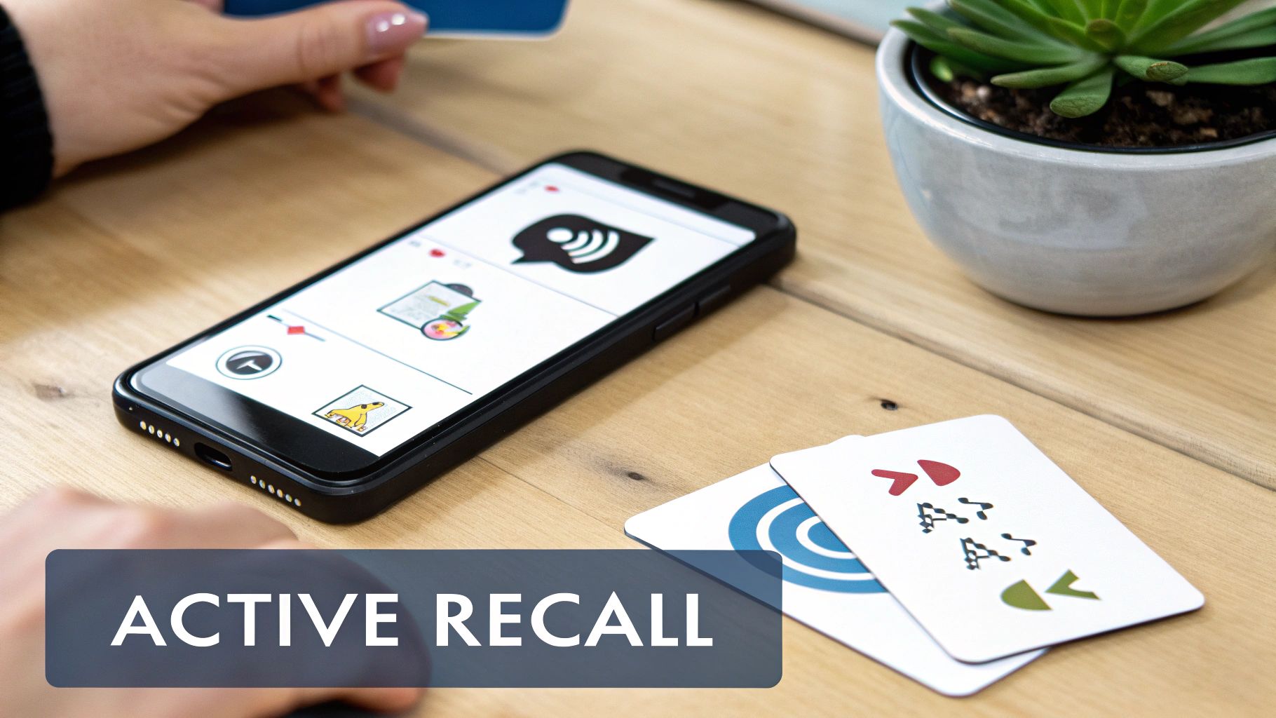 Smartphone displaying an active recall learning app with flashcards on a wooden table.