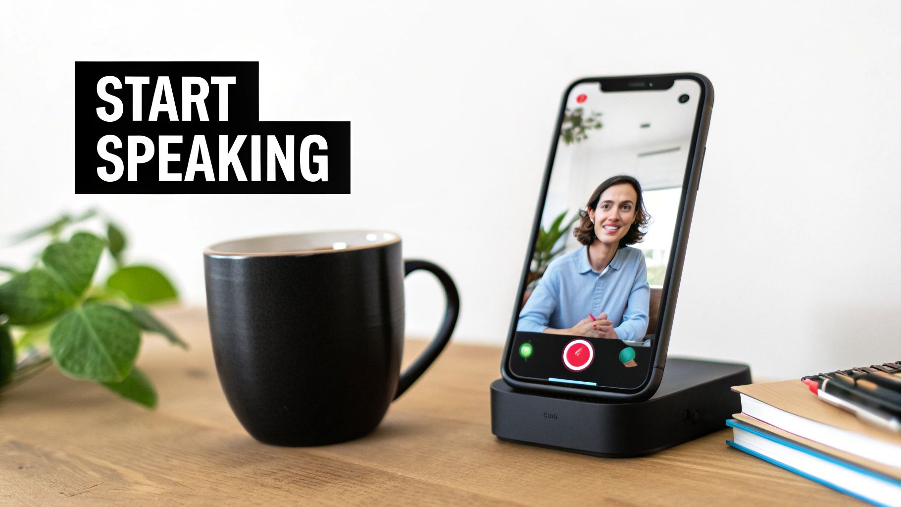 A smartphone displays a video call with a smiling woman, next to a mug and 'START SPEAKING' text.