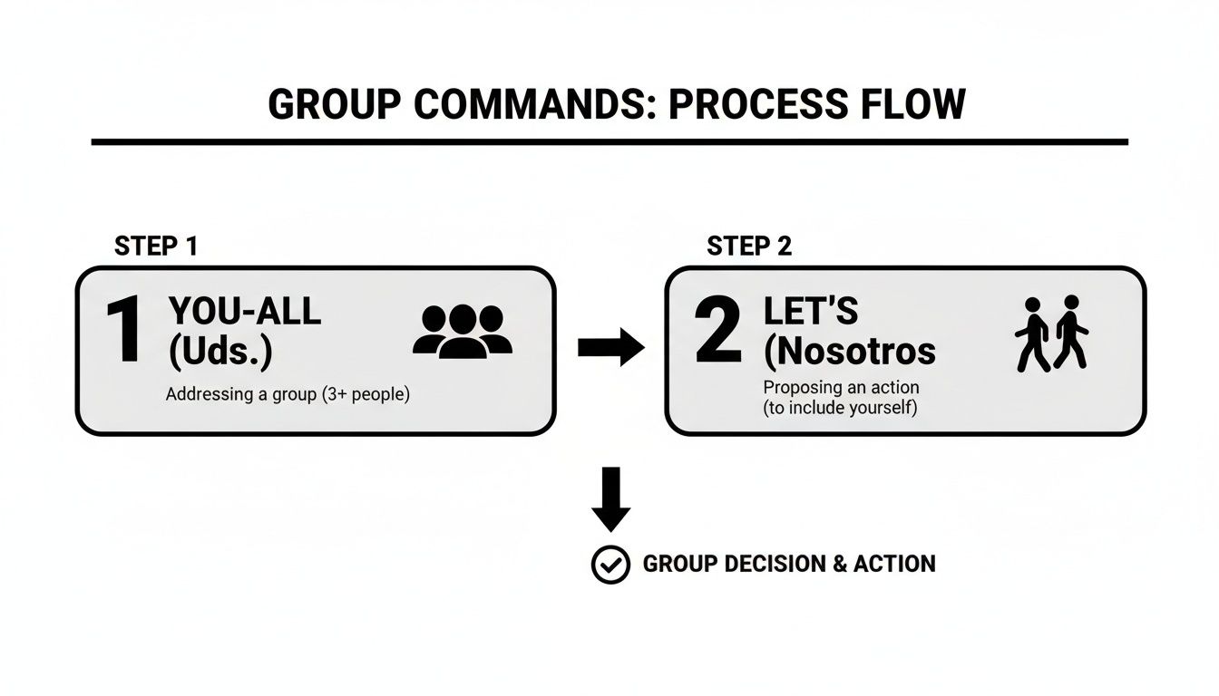 Flowchart explaining group commands process: addressing a group, proposing action, leading to a group decision.