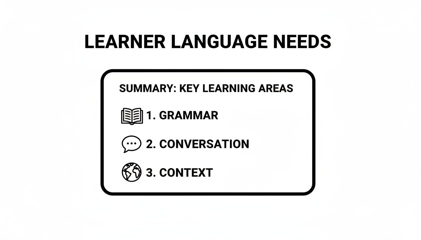 A diagram illustrating learner language needs, summarizing key learning areas: grammar, conversation, and context.