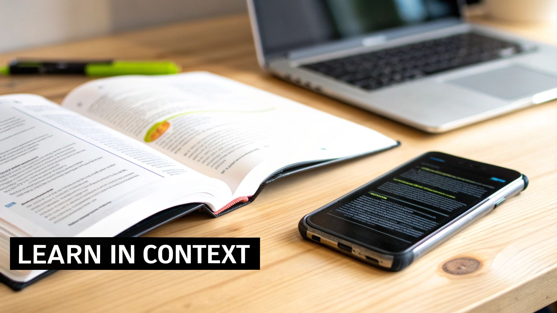 A student's desk with an open textbook, laptop, and smartphone for learning.