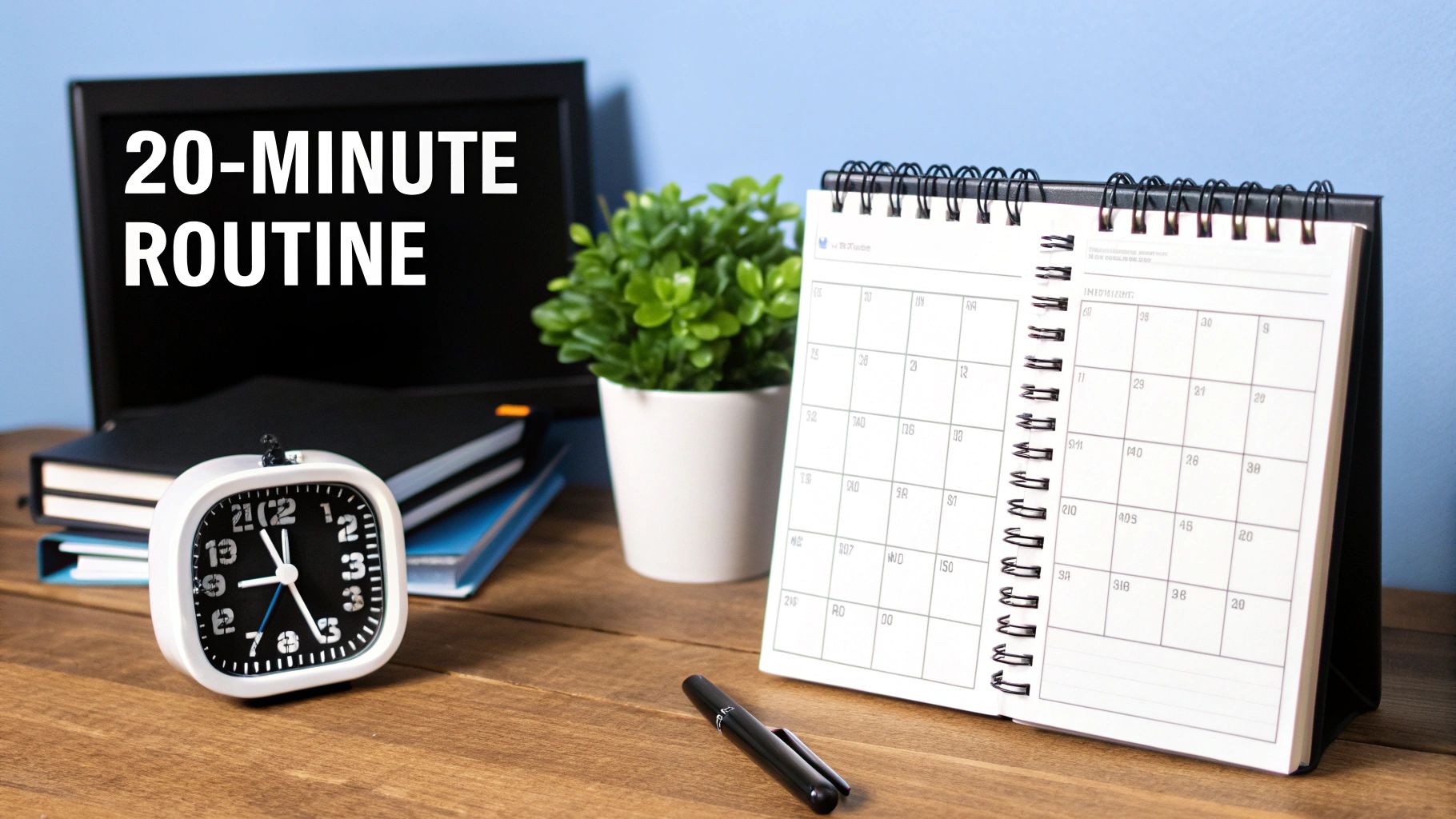 A desk setup with an alarm clock, open calendar, plant, books, and a monitor displaying '20-MINUTE ROUTINE'.