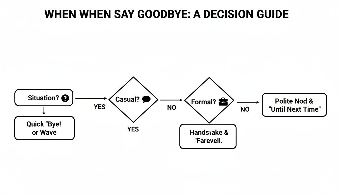 A decision guide flowchart illustrating different ways to say goodbye based on casual or formal situations.