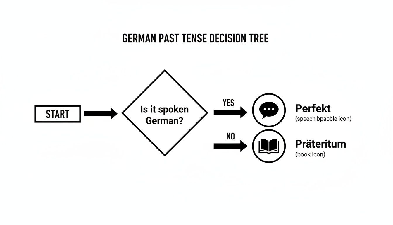 A German past tense decision tree flowchart. It asks 'Is it spoken German?' leading to Perfekt or Präteritum.