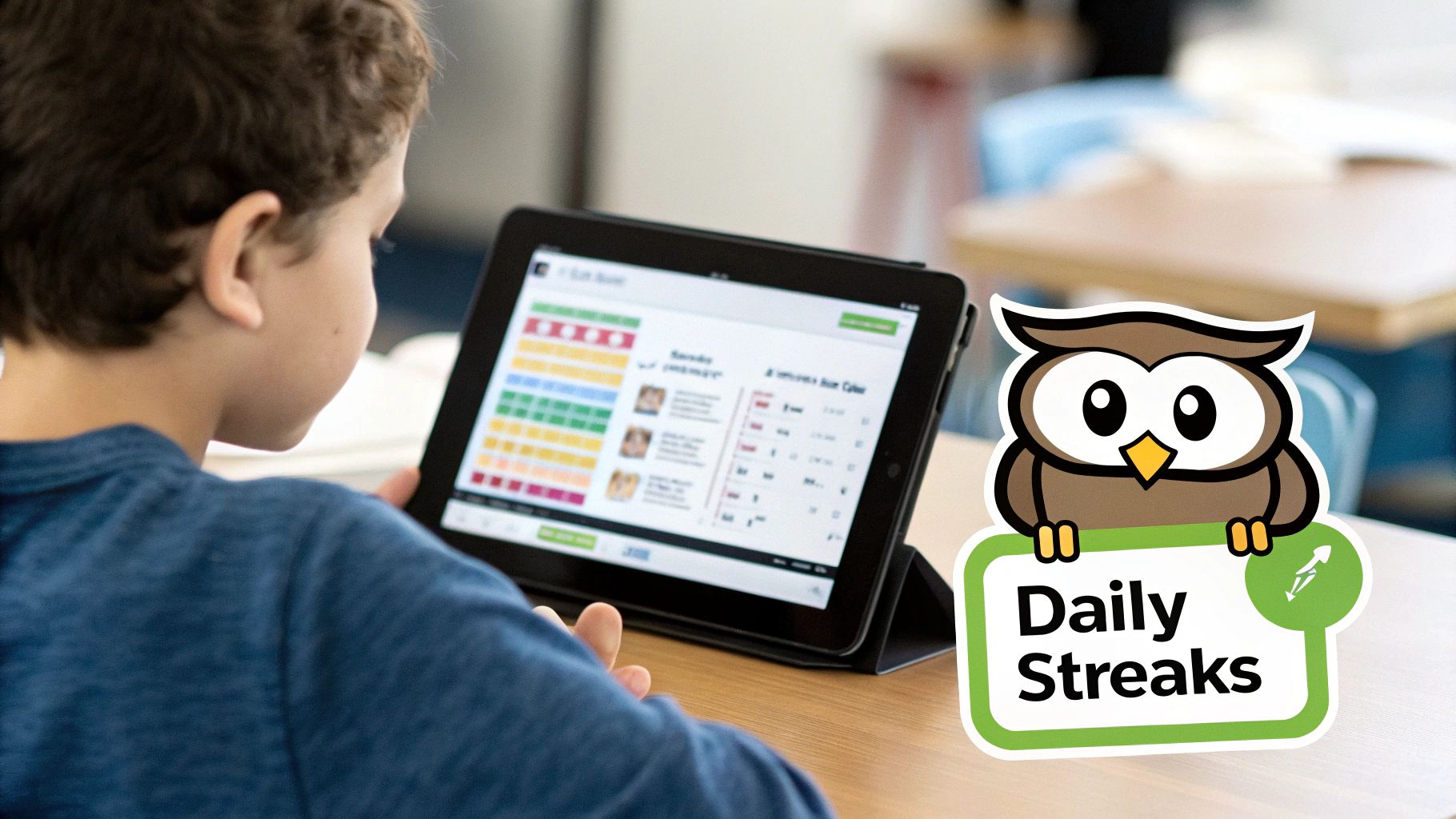A young boy engages with a tablet displaying an educational app, featuring an owl and "Daily Streaks."