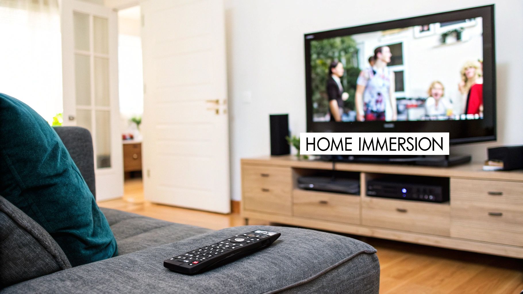 A remote control rests on a gray sofa in a modern living room with a large TV.