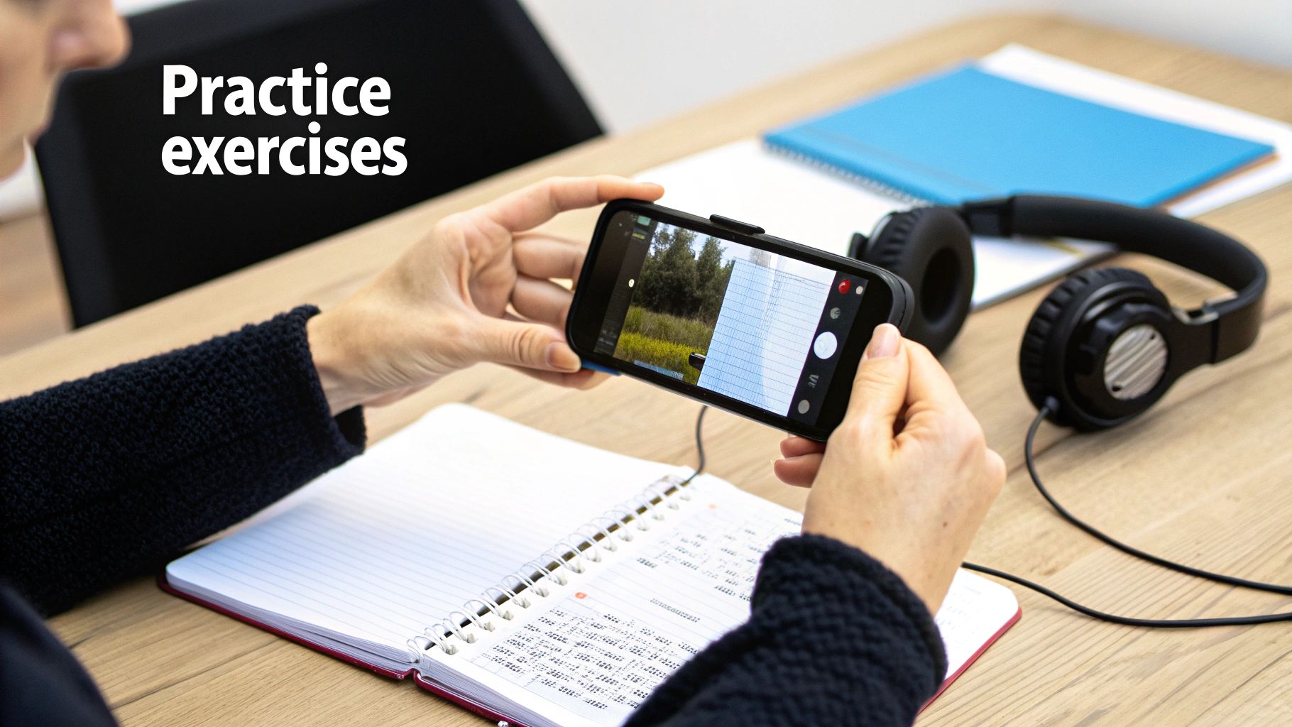 A person uses a smartphone to scan a notebook with written notes, next to headphones and a 'Practice exercises' overlay.