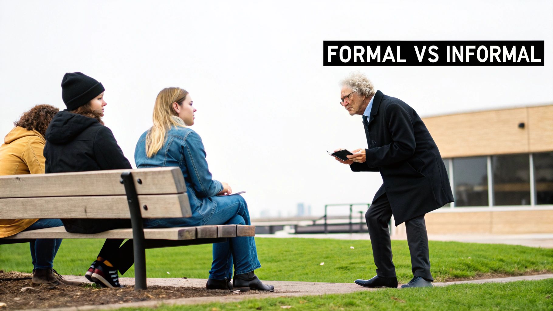 An older man in formal attire talks to three casually dressed young people on a park bench.