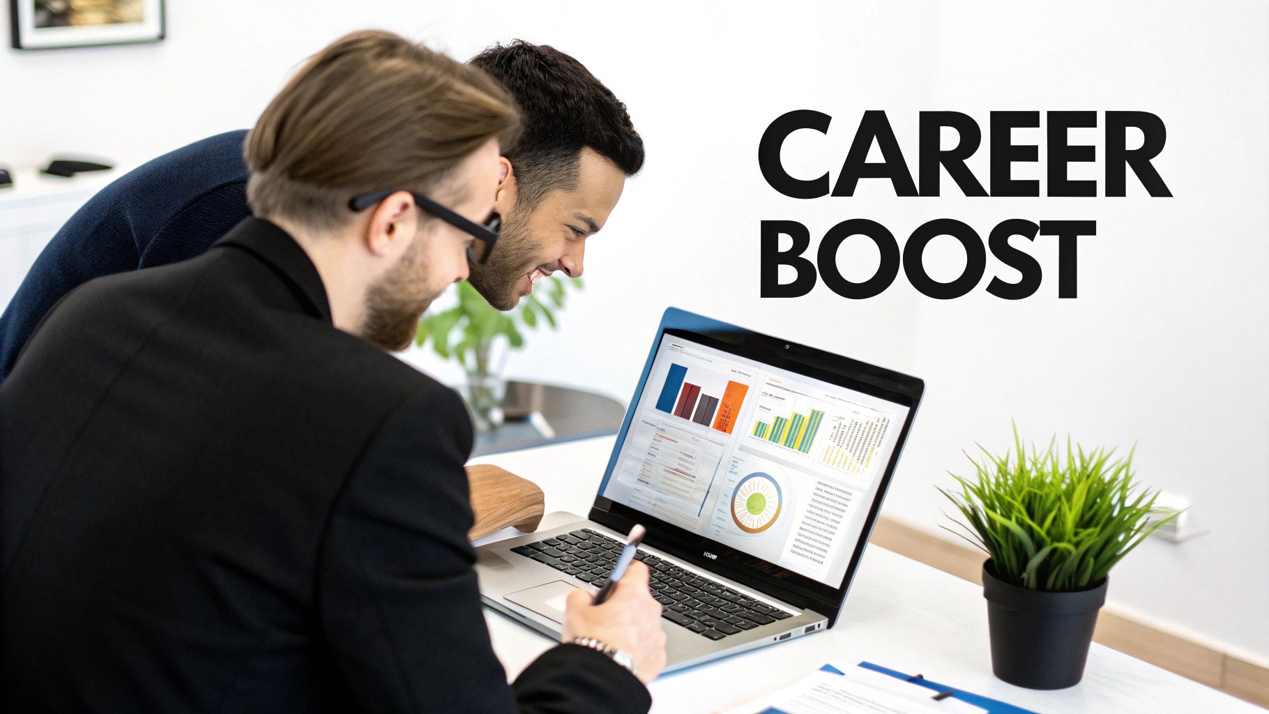 Two smiling men review data charts on a laptop, discussing career growth in a modern office.