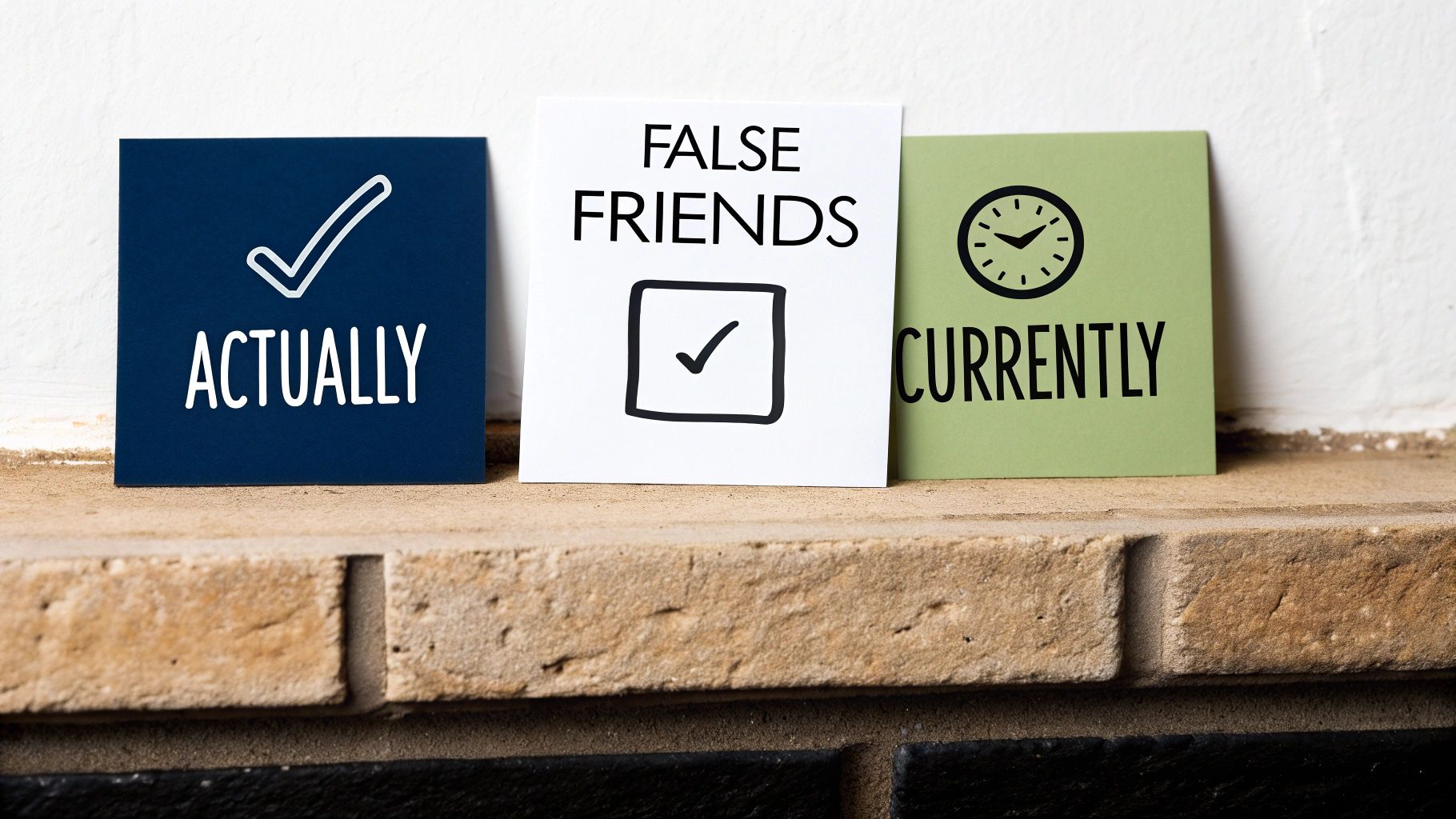 Three cards on a brick ledge: 'ACTUALLY', 'FALSE FRIENDS', and 'CURRENTLY' illustrate language concepts.