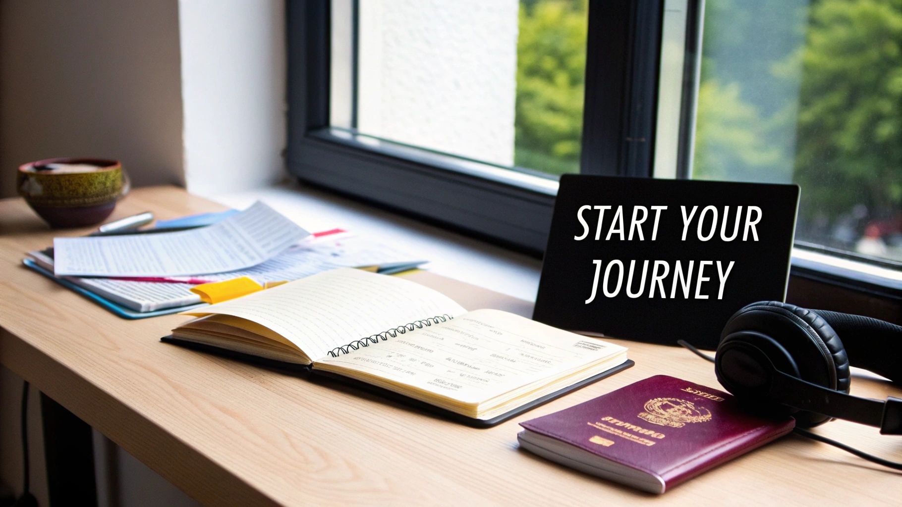A wooden desk with an open notebook, passport, headphones, and a 'START YOUR JOURNEY' sign by a window.