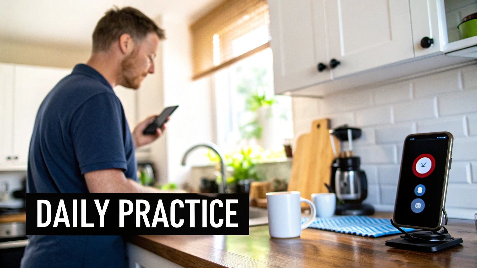 A man in a kitchen looks at his phone, with another smartphone on a stand.