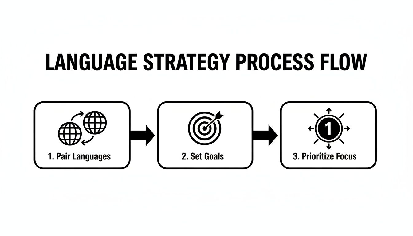 Flowchart illustrating a three-step language strategy process: Pair Languages, Set Goals, Prioritize Focus.