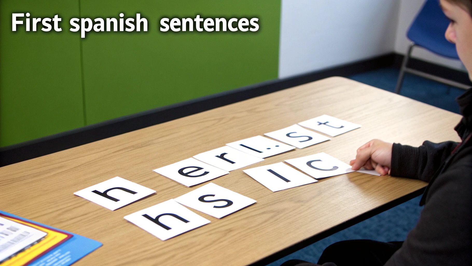 A child's hand interacts with letter cards spread on a wooden table, learning first Spanish sentences.