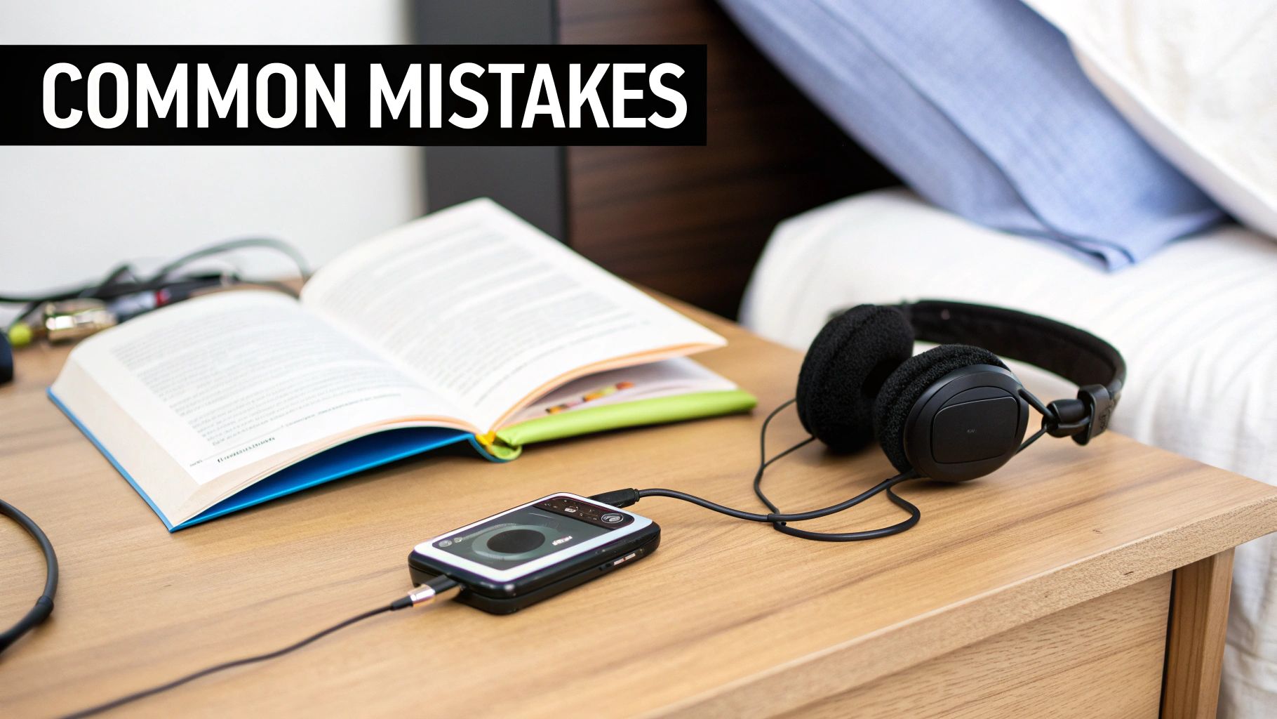 Open book, digital player, and headphones on a wooden bedside table with text 'COMMON MISTAKES'.