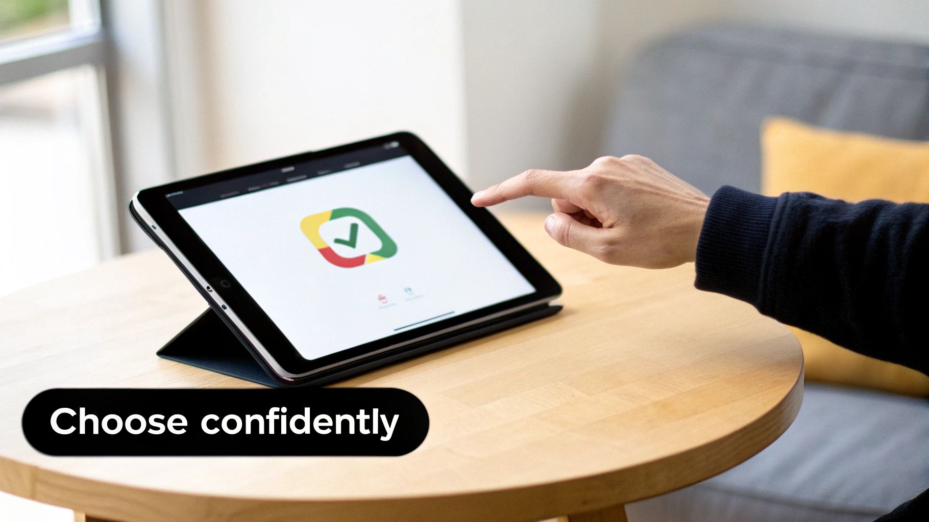 A hand interacts with a tablet showing a green checkmark logo on a wooden table, with 'Choose confidently' text.