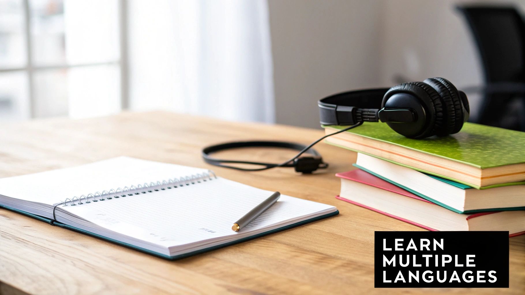 A study desk with an open notebook, pen, headphones, and a stack of books for language learning.