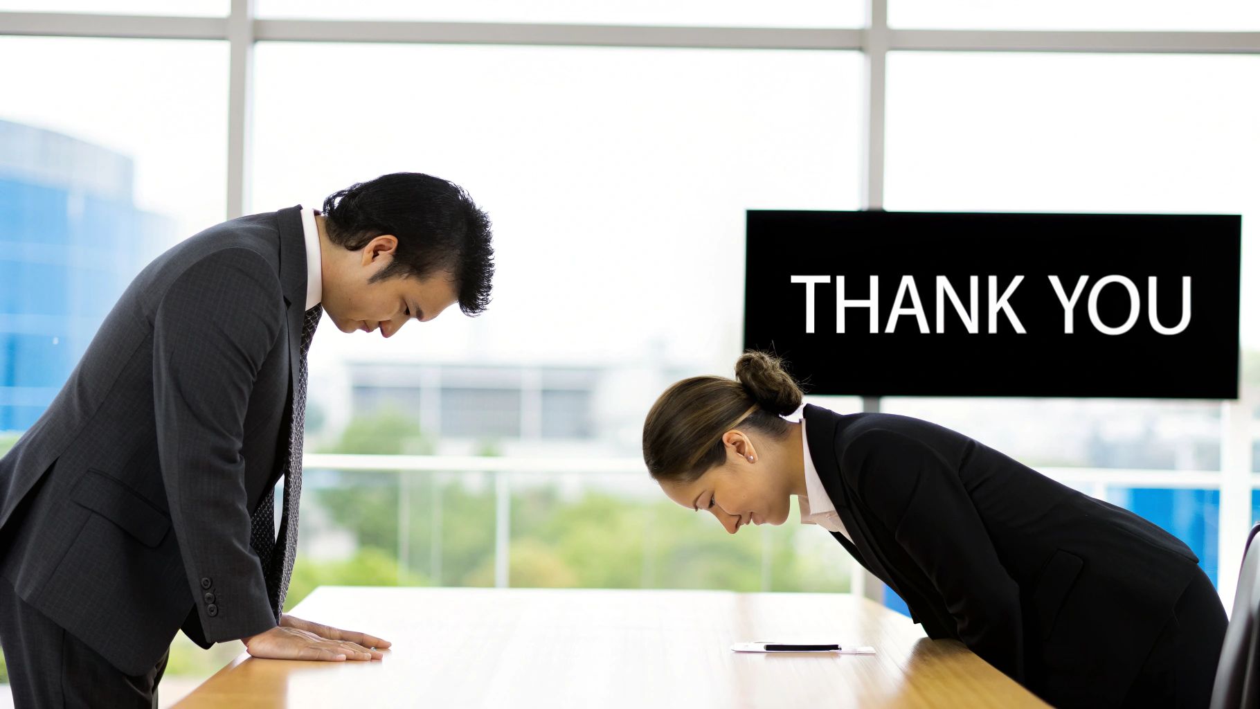 Two business people bowing deeply over a table, with 'THANK YOU' displayed on a screen.