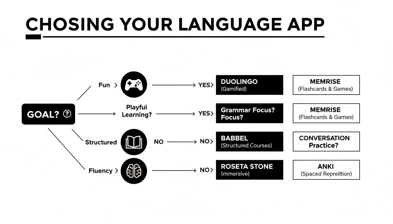 A flowchart titled 'Choosing Your Language App' guides users based on goals like fun, structured learning, and fluency.