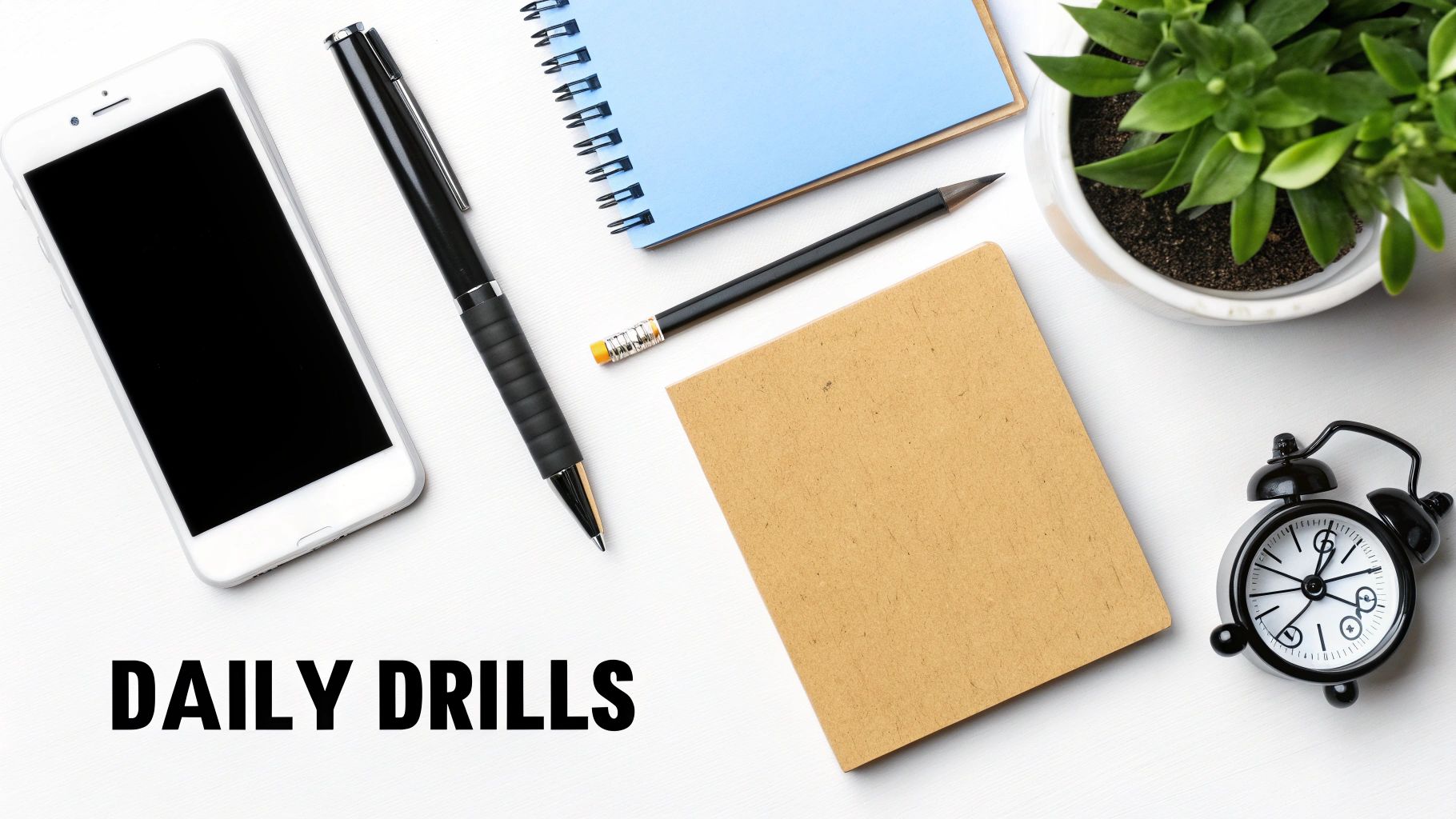 A white desk flat lay with a smartphone, pen, notebooks, pencil, potted plant, and a black alarm clock.