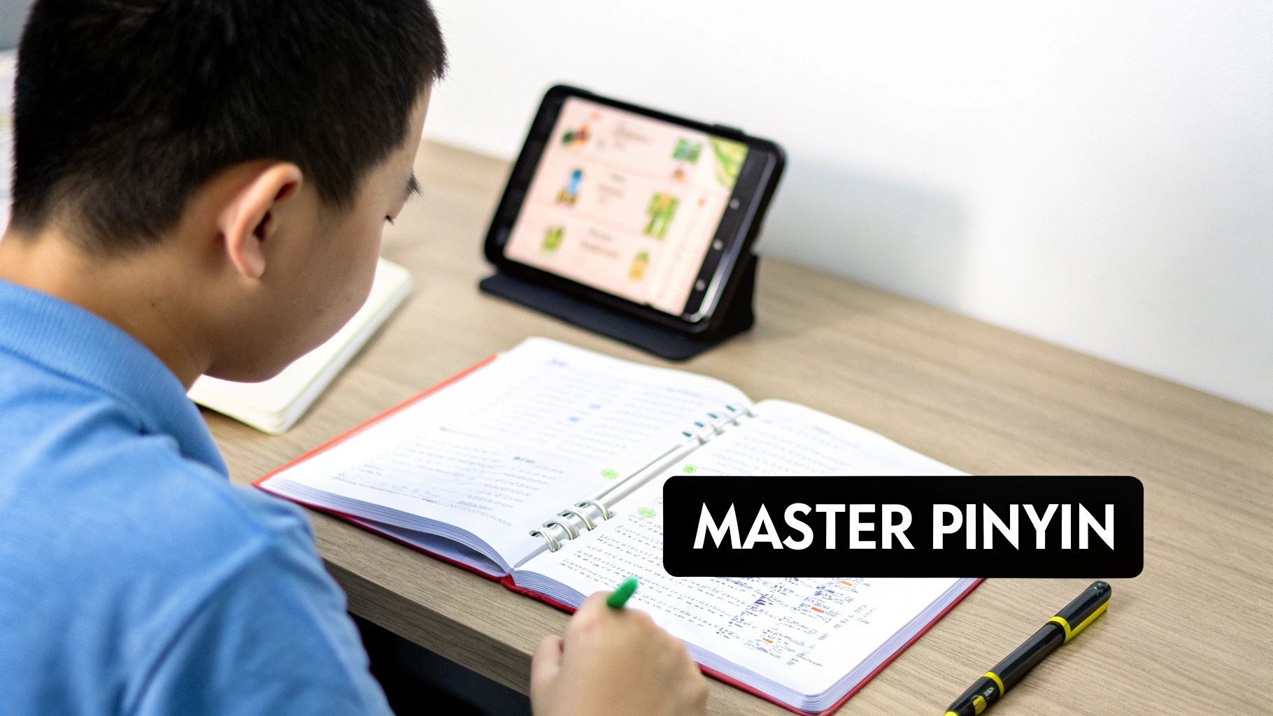 A young boy is studying at a desk with a notebook, pen, and a tablet displaying an educational app.