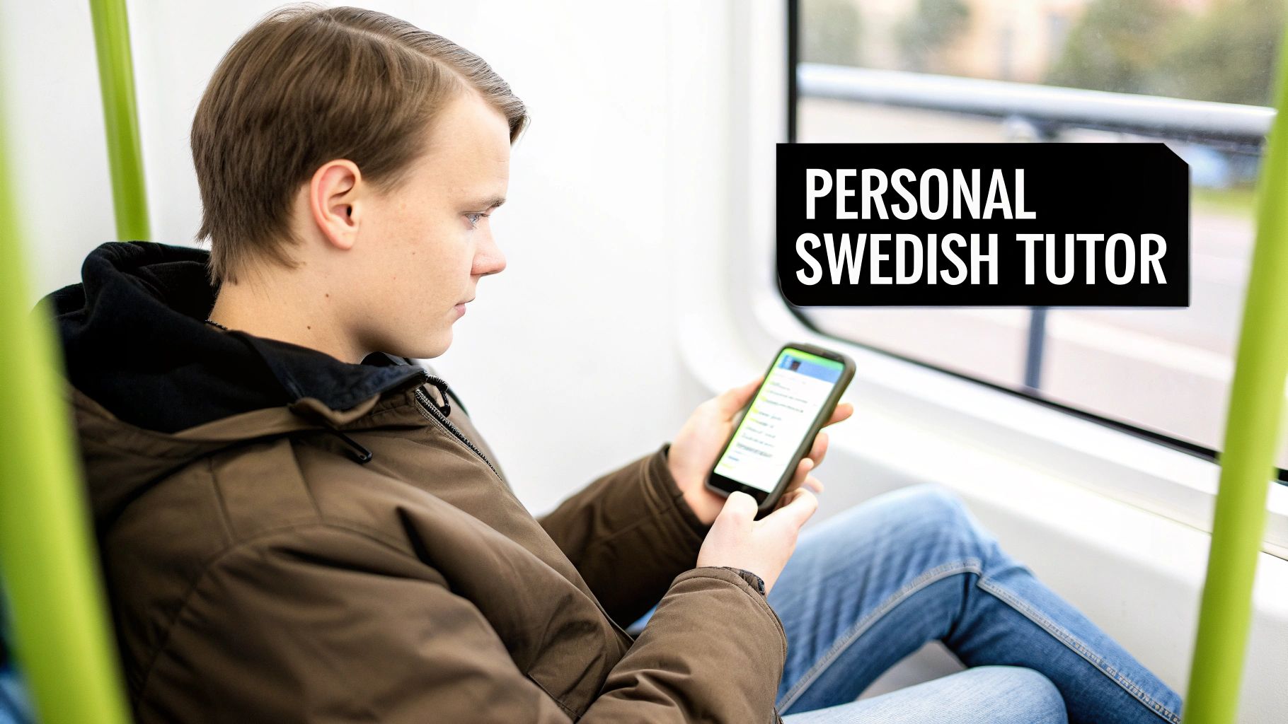 Young man on a train using a smartphone displaying 'Personal Swedish Tutor' text.