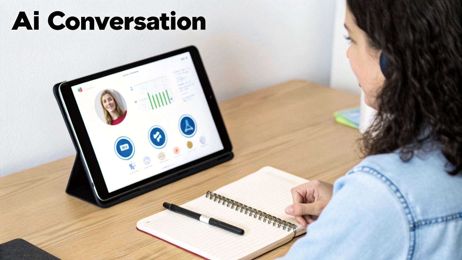 A woman interacts with a tablet showing an AI conversation interface and data, with a notebook on a desk.