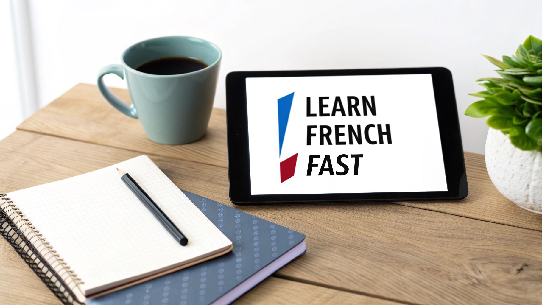 A tablet displaying 'LEARN FRENCH FAST' on a wooden desk with a coffee mug, notebooks, and a plant.
