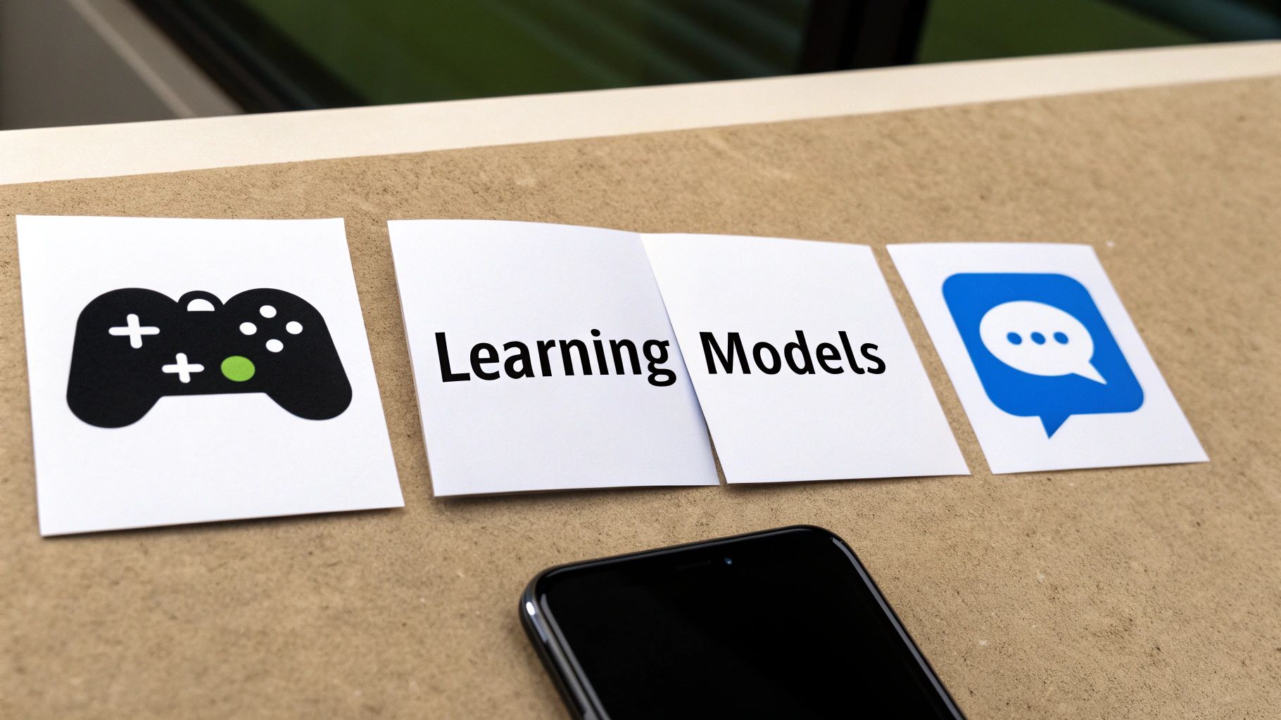 Papers showing gaming controller, 'Learning Models' text, and a blue chat icon on a desk.