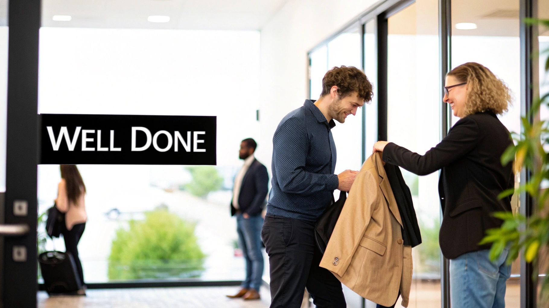 A smiling woman hands a man a jacket in a modern office with a 'WELL DONE' sign.