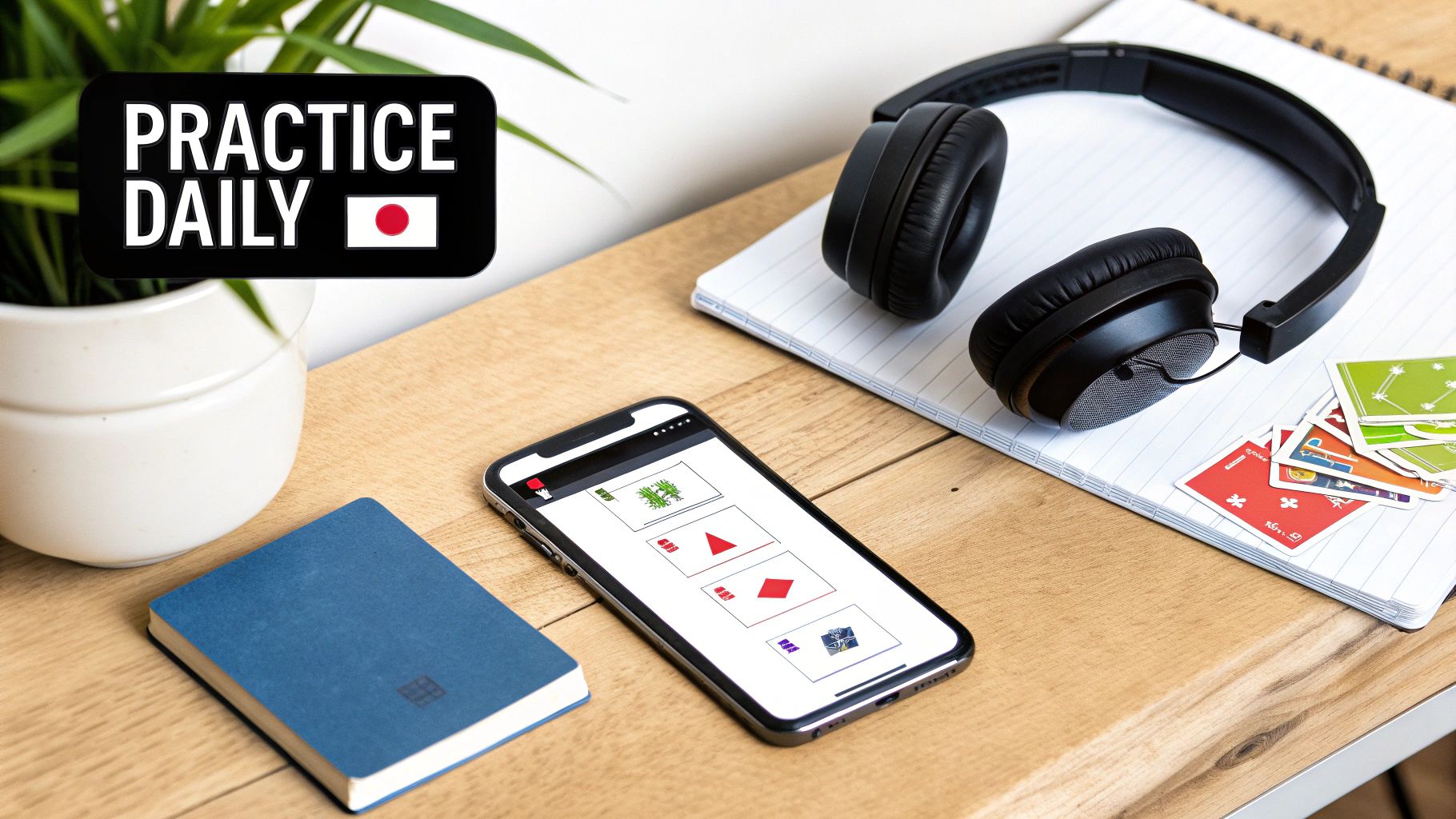 Study setup with a phone displaying language exercises, headphones, notebooks, and a Japanese practice sign.