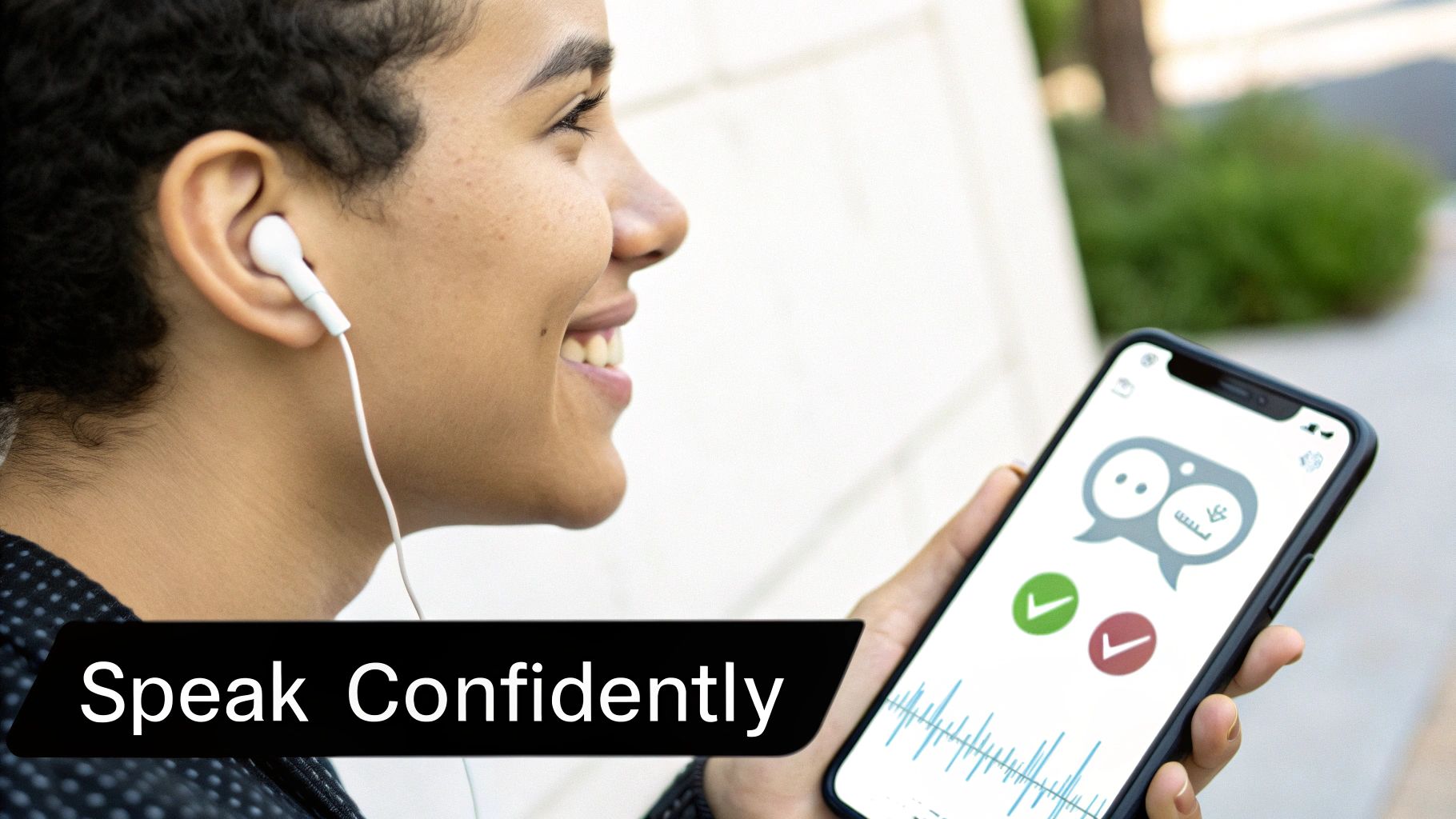Young person wearing earbuds smiles while looking at a phone screen showing a language learning app and the text 'Speak Confidently'.