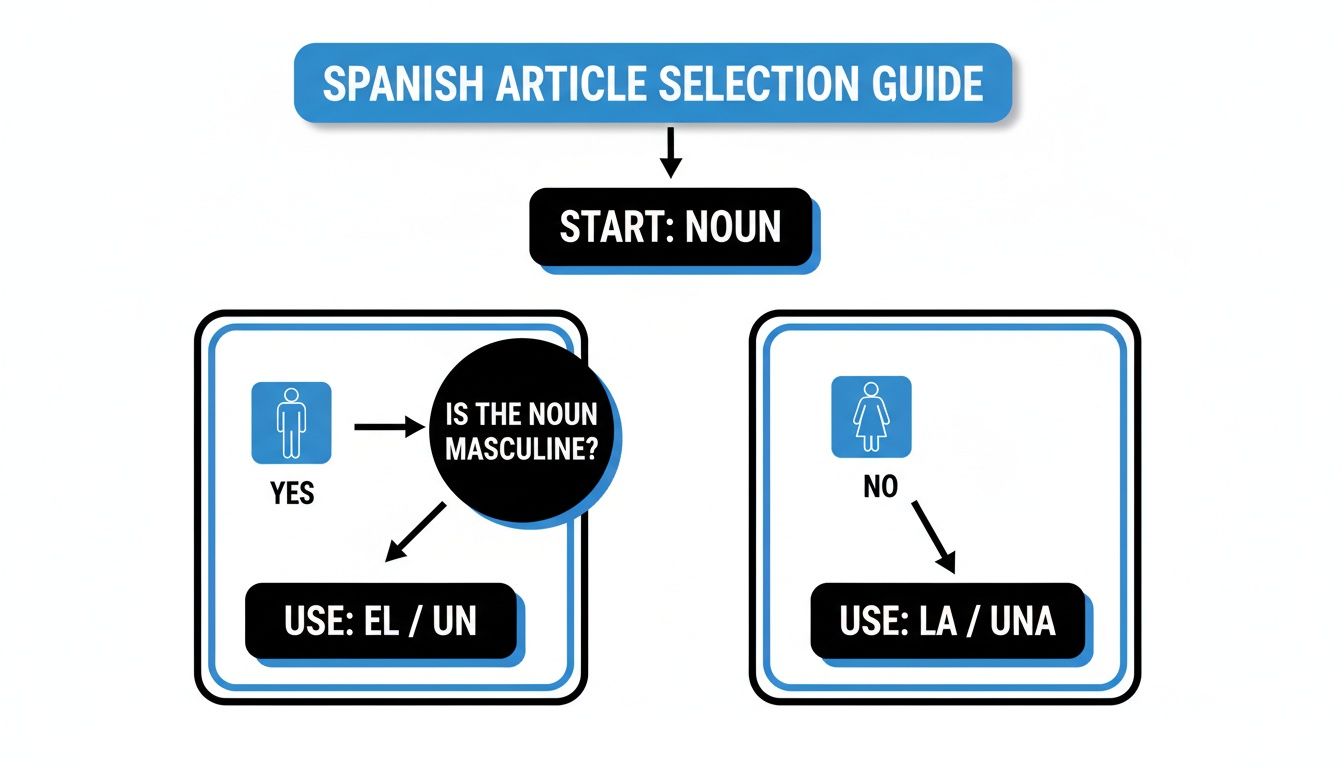 A Spanish article selection flowchart showing to use 'el/un' for masculine nouns and 'la/una' for feminine nouns.