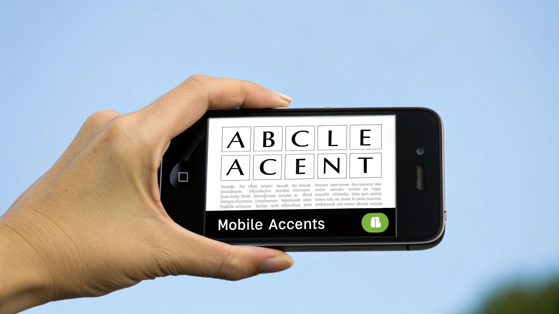A hand holds a smartphone displaying a mobile keyboard with letters and the text "Mobile Accents".
