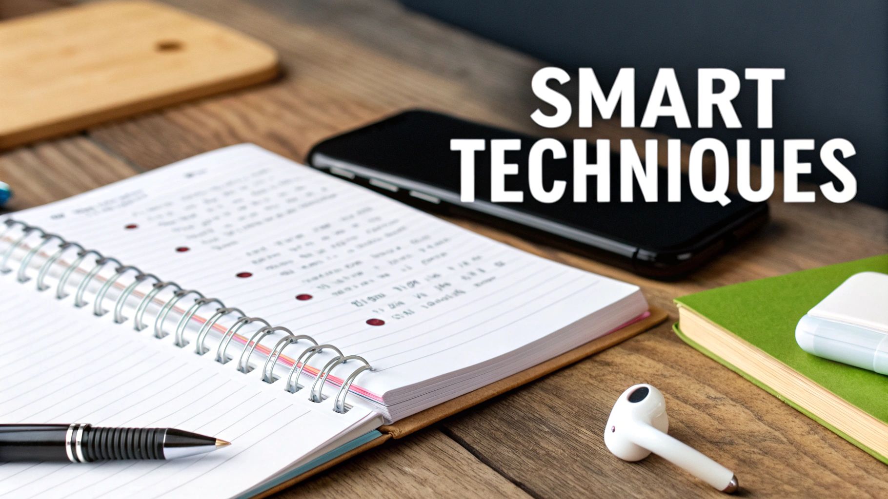 A study desk with an open notebook, pen, smartphone, green book, and earbud.