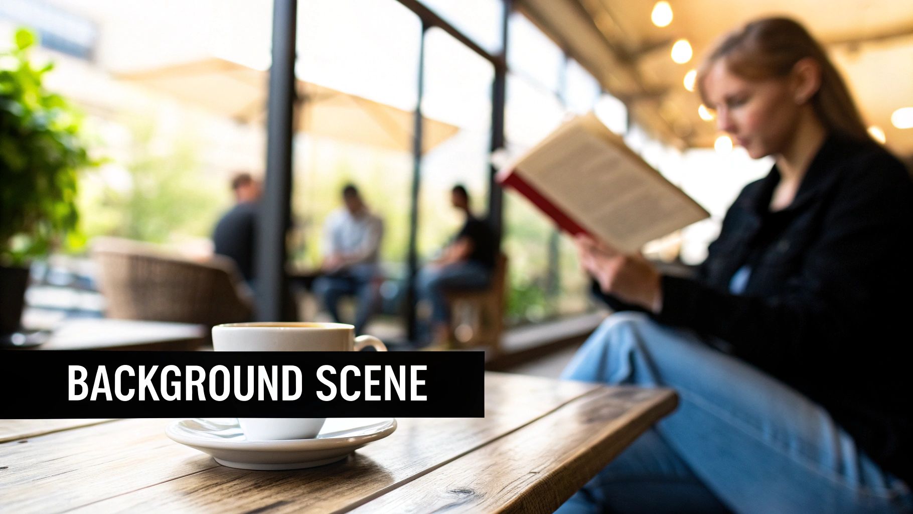 A woman reads a book at a cafe, with a coffee cup in the foreground.