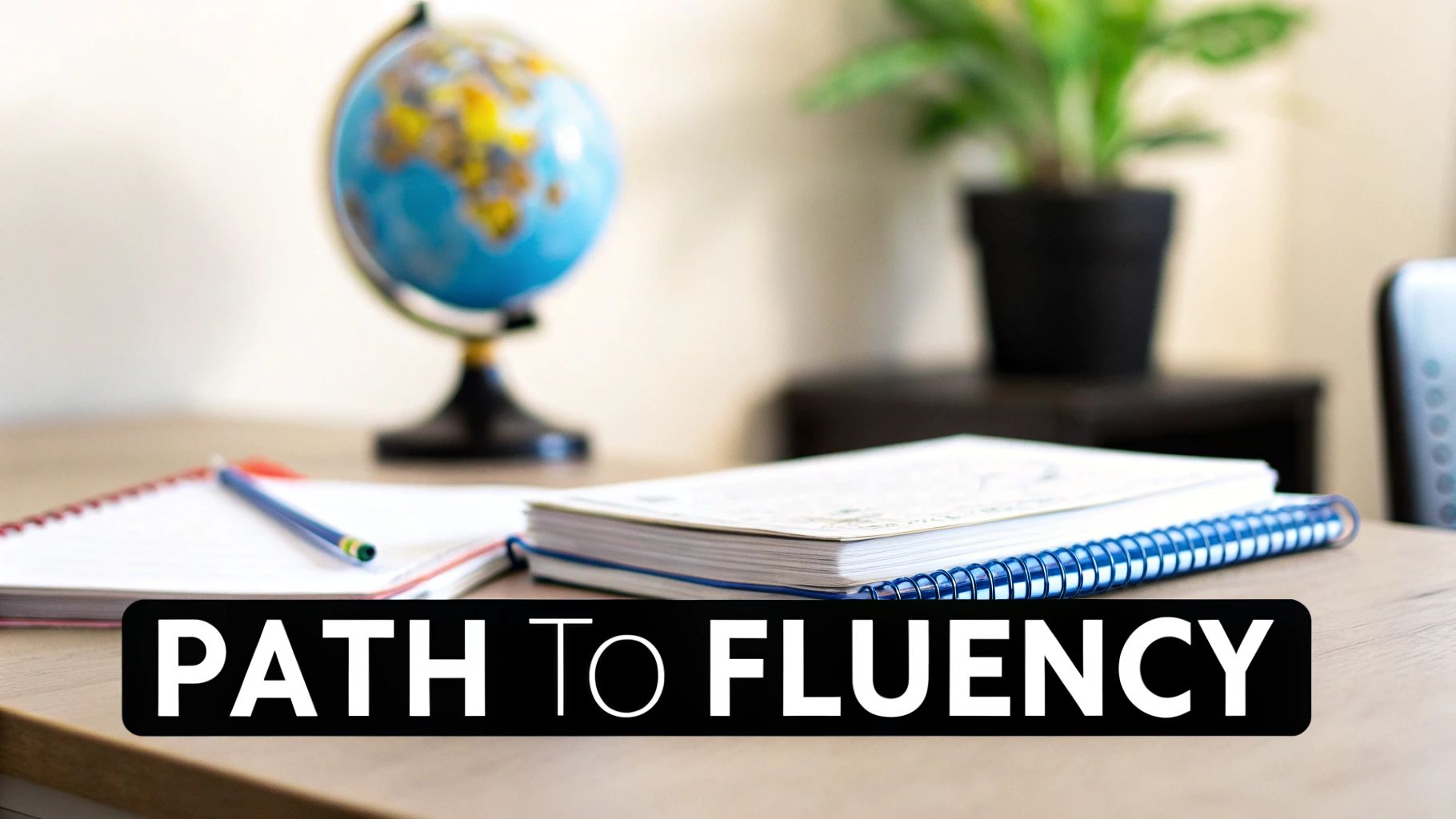A desk with notebooks, a pencil, a globe, and a plant, featuring 'PATH TO FLUENCY' text.