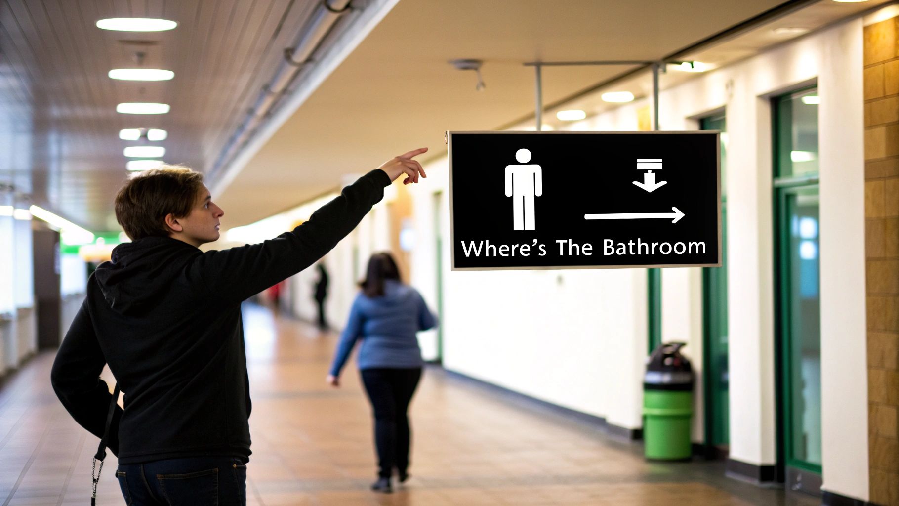 A young man points to a bathroom sign with a question in a brightly lit corridor.