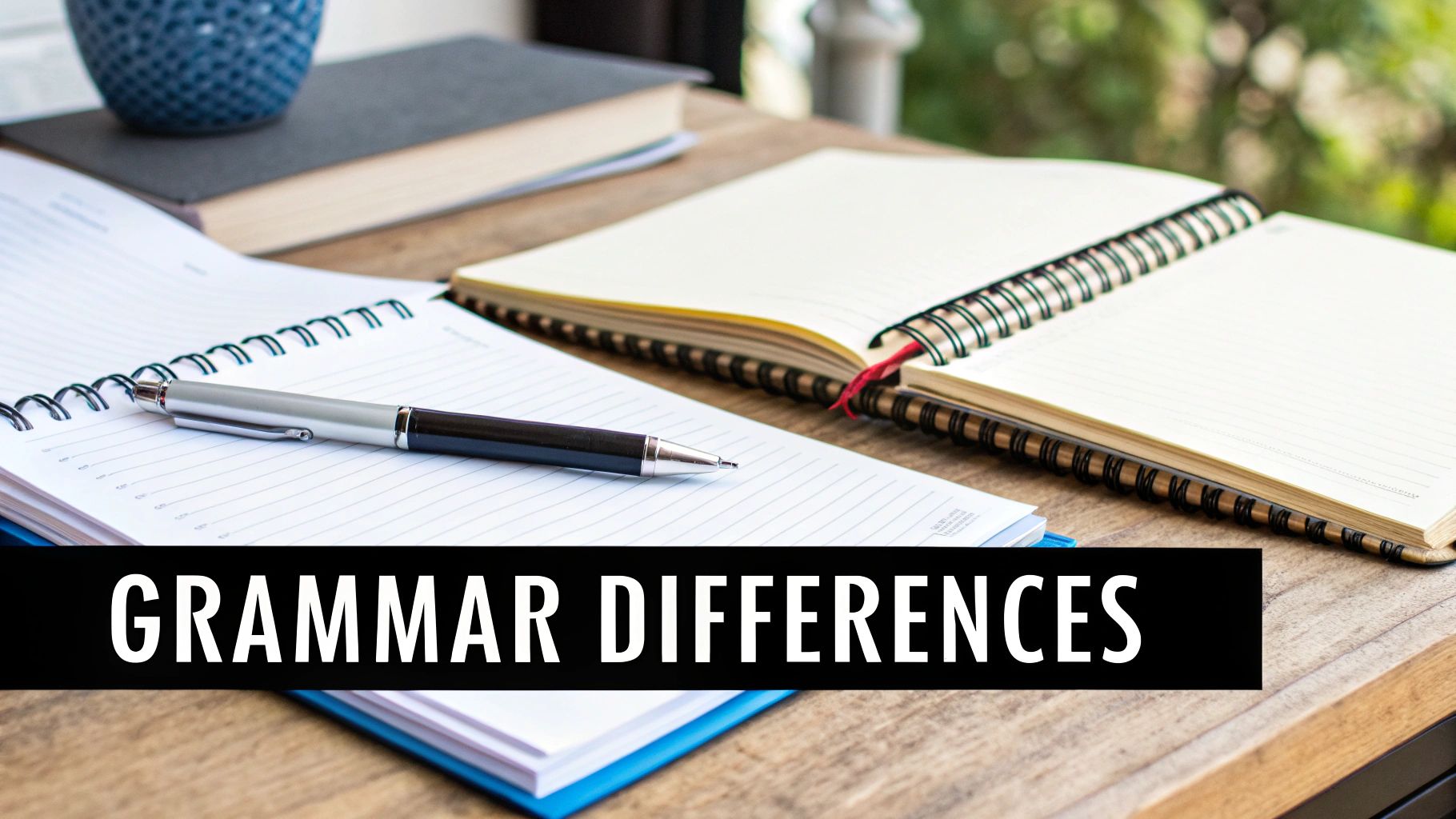 Open notebooks and a pen on a wooden desk with a book, text reads 'GRAMMAR DIFFERENCES'.