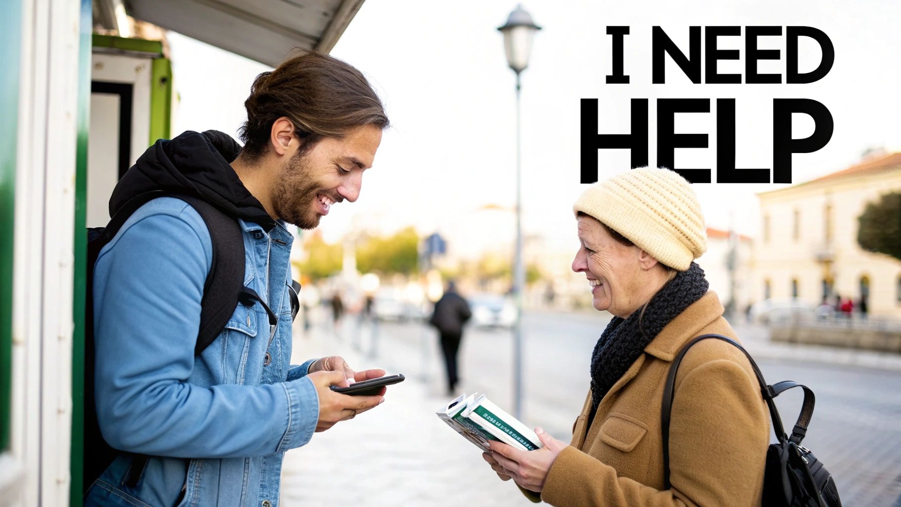 Smiling man on phone and woman with book on a street, with 'I NEED HELP' text.