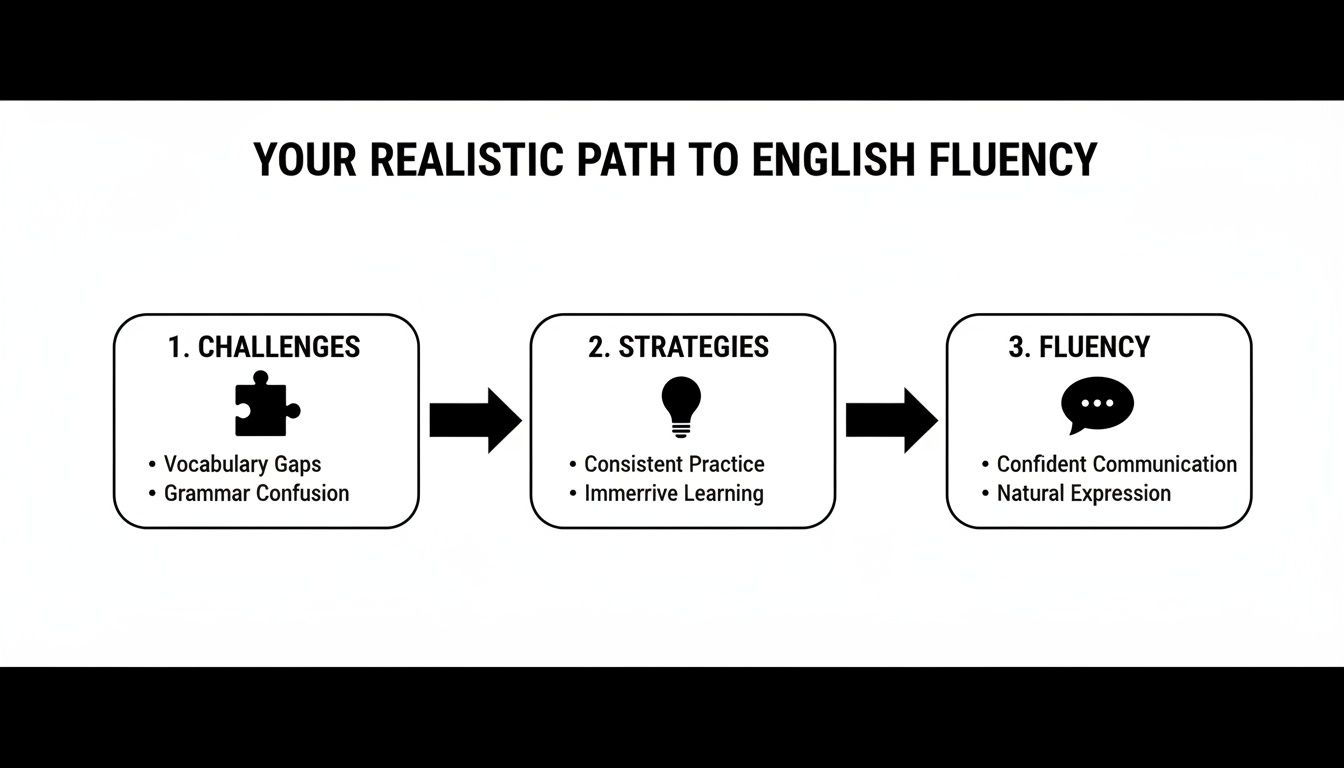 Flowchart detailing the realistic path to English fluency, covering challenges, strategies, and the resulting confident communication.
