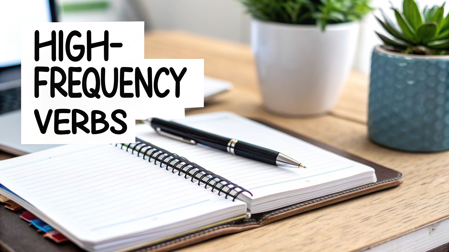 A white sticky note with 'HIGH-FREQUENCY VERBS' on an open spiral notebook with a pen on a wooden desk.