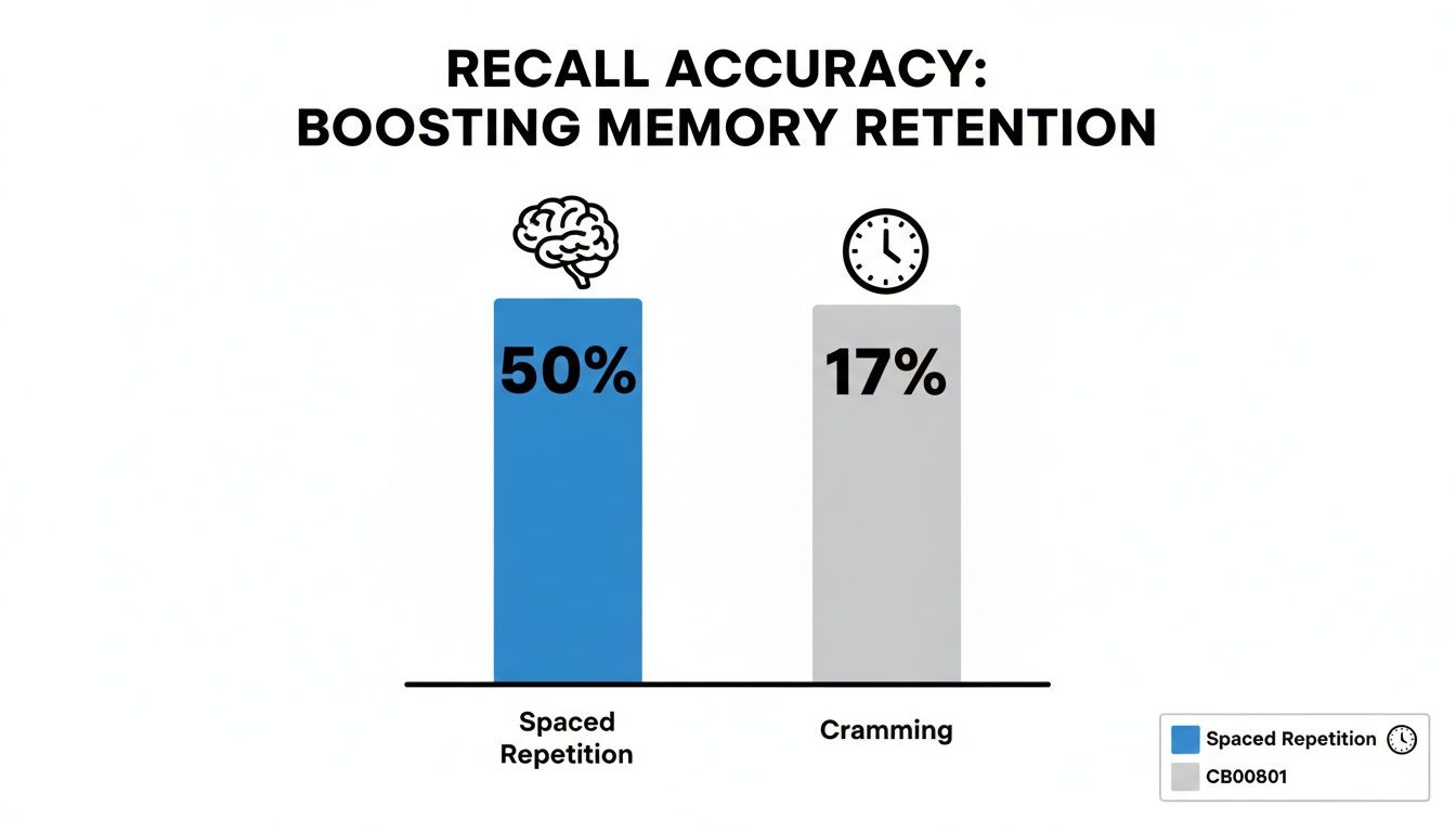 Bar chart illustrating recall accuracy. Spaced Repetition achieves 50% retention, significantly higher than Cramming's 17%.