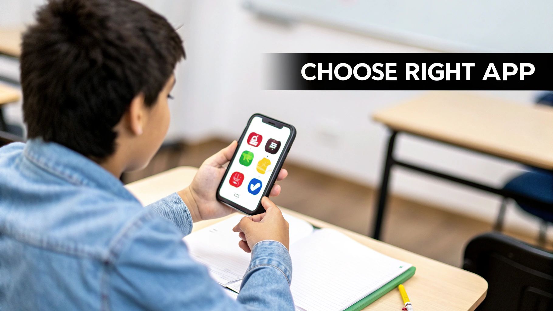 A student in a classroom holds a smartphone displaying various app icons, with a 'CHOOSE RIGHT APP' banner.