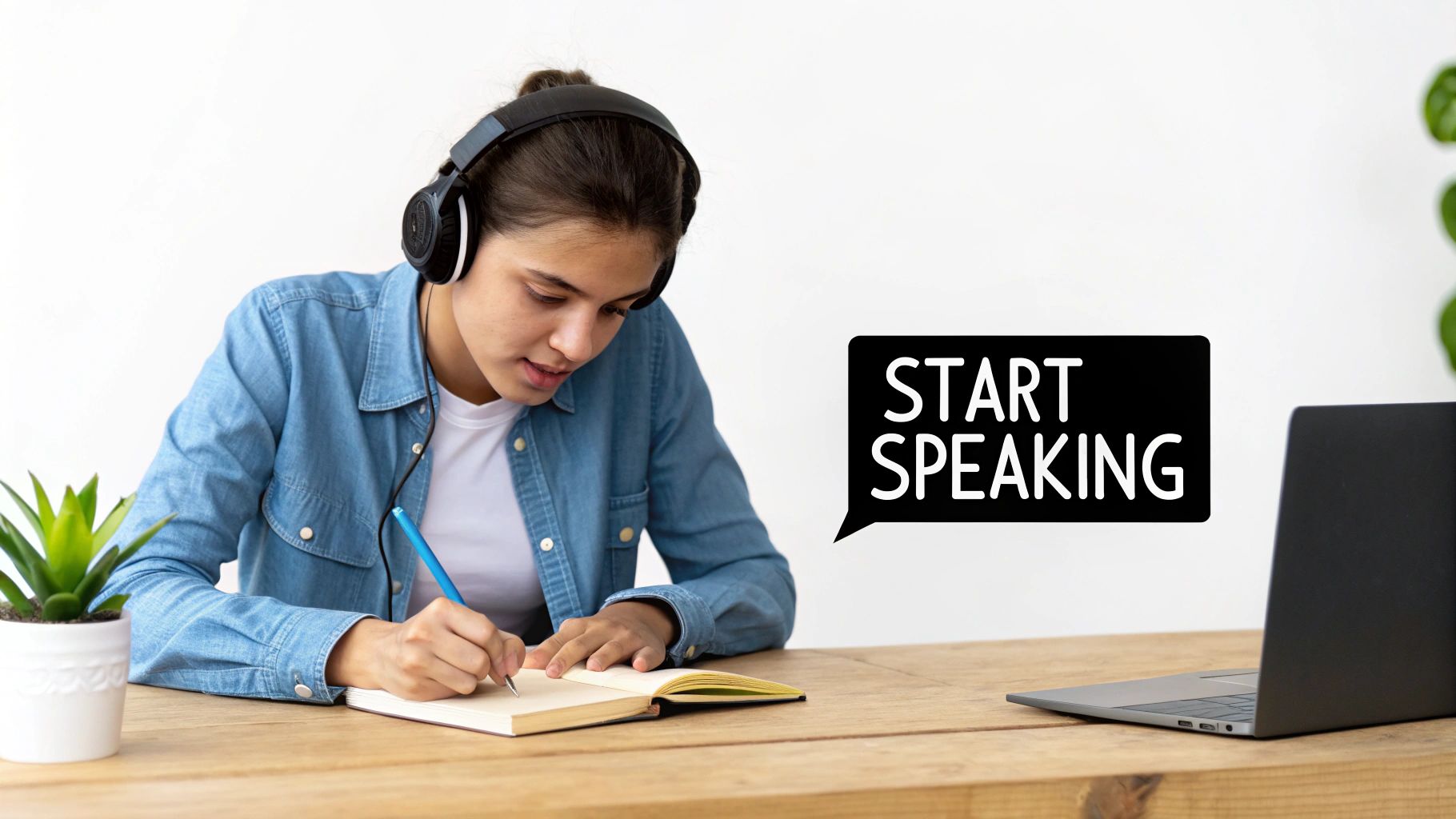 A student wearing headphones writes in a notebook with a speech bubble saying "START SPEAKING".